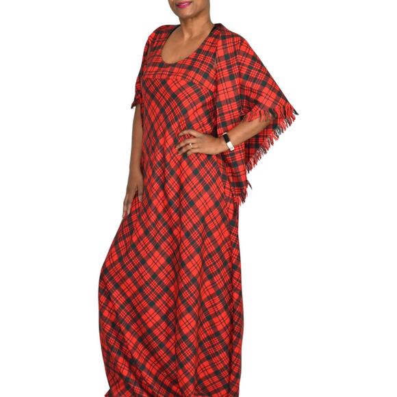 Vintage Saba Tartan Dress Red Matching Shawl Wool Plaid 70s Maxi Set Size Medium - Picture 1 of 15